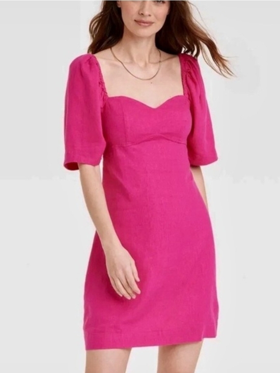 a new day Dresses & Skirts - A New Day Puff Sleeve Linen Blend Dress Dark Pink XL